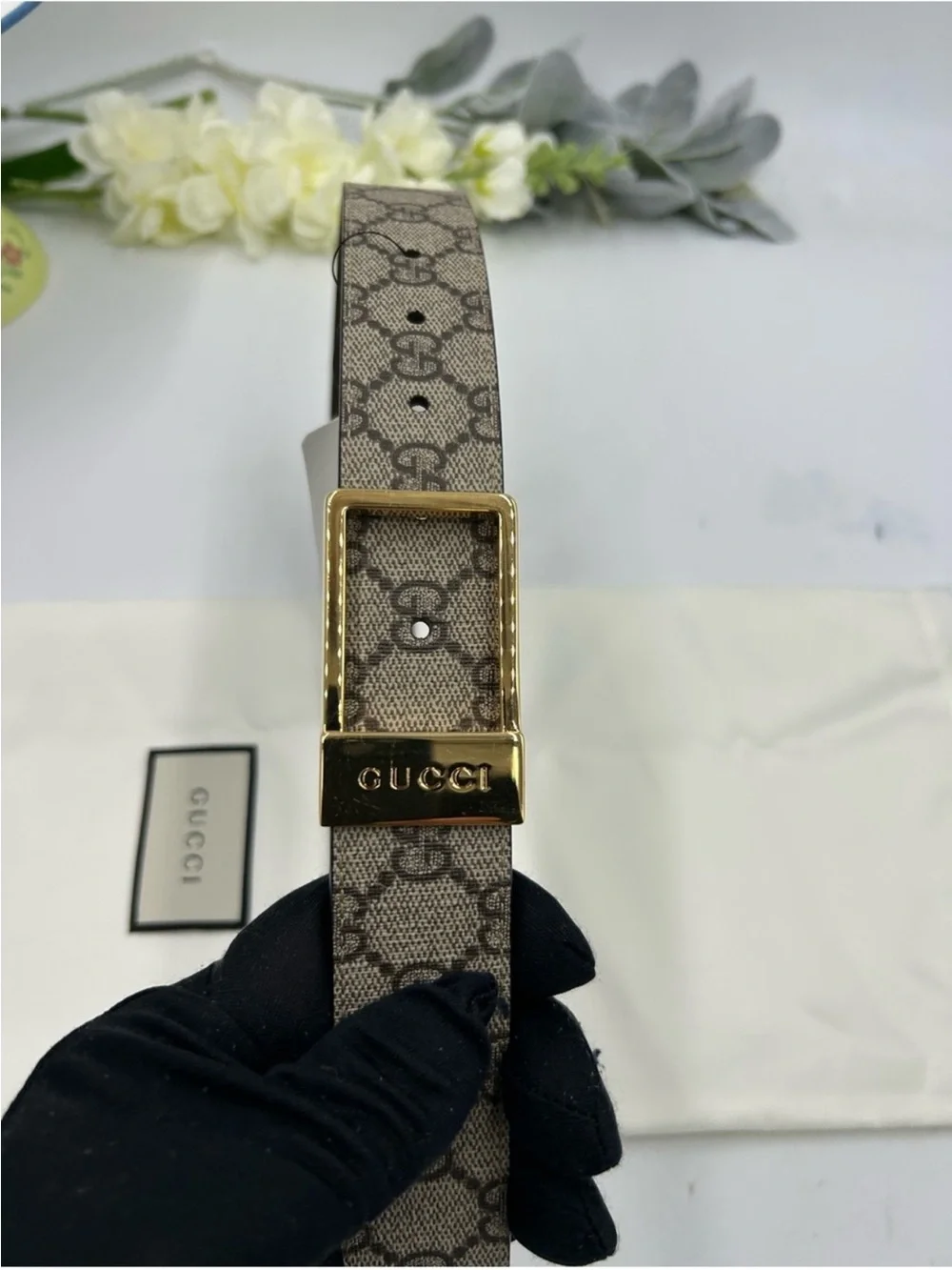 Unisex, Gucci, monogram canvas belt with gold engraved buckle beige/brown 80/32